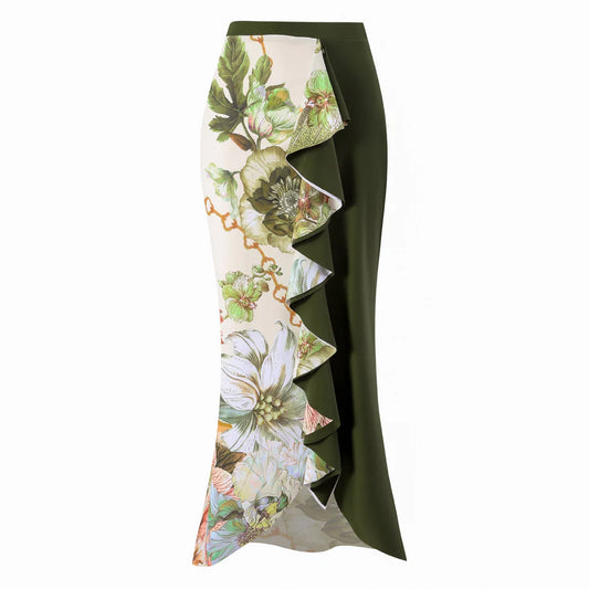 Dark Green Floral High Waisted Two Piece Swimsuit With Ruffled Pencil Skirt by Kisksy
