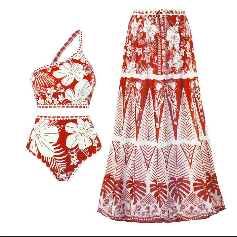 Floral One Shoulder High Waist Bikini Swimwear With Coverup Skirt By Kisksy
