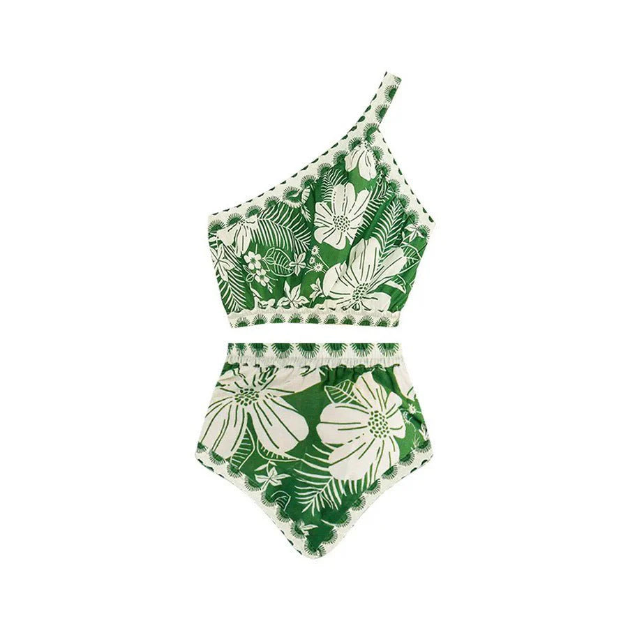 Floral One Shoulder High Waist Bikini Swimwear With Coverup Skirt By Kisksy