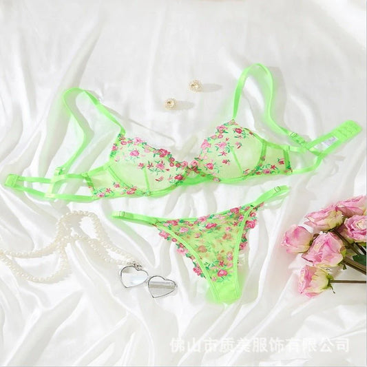 Glow Up, Lace Down Sheer Lace Bra & Thong Lingerie