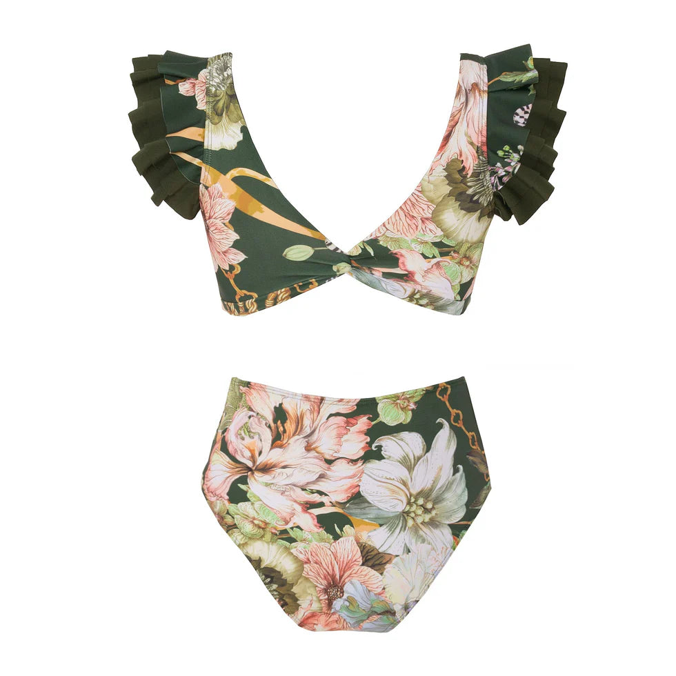 Dark Green Floral High Waisted Two Piece Swimsuit With Ruffled Pencil Skirt by Kisksy