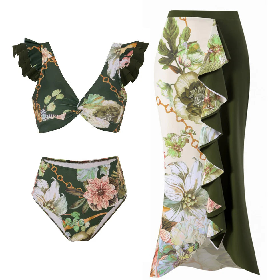 Dark Green Floral High Waisted Two Piece Swimsuit With Ruffled Pencil Skirt by Kisksy