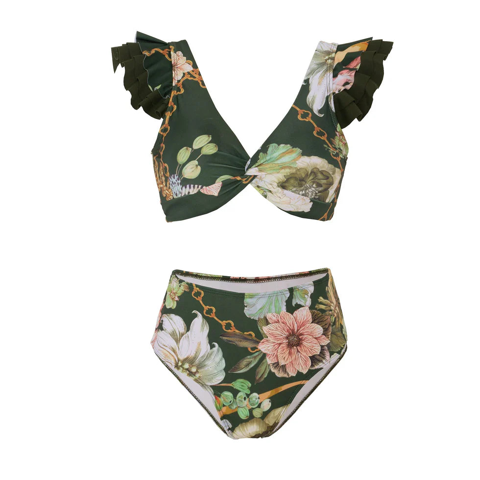 Dark Green Floral High Waisted Two Piece Swimsuit With Ruffled Pencil Skirt by Kisksy