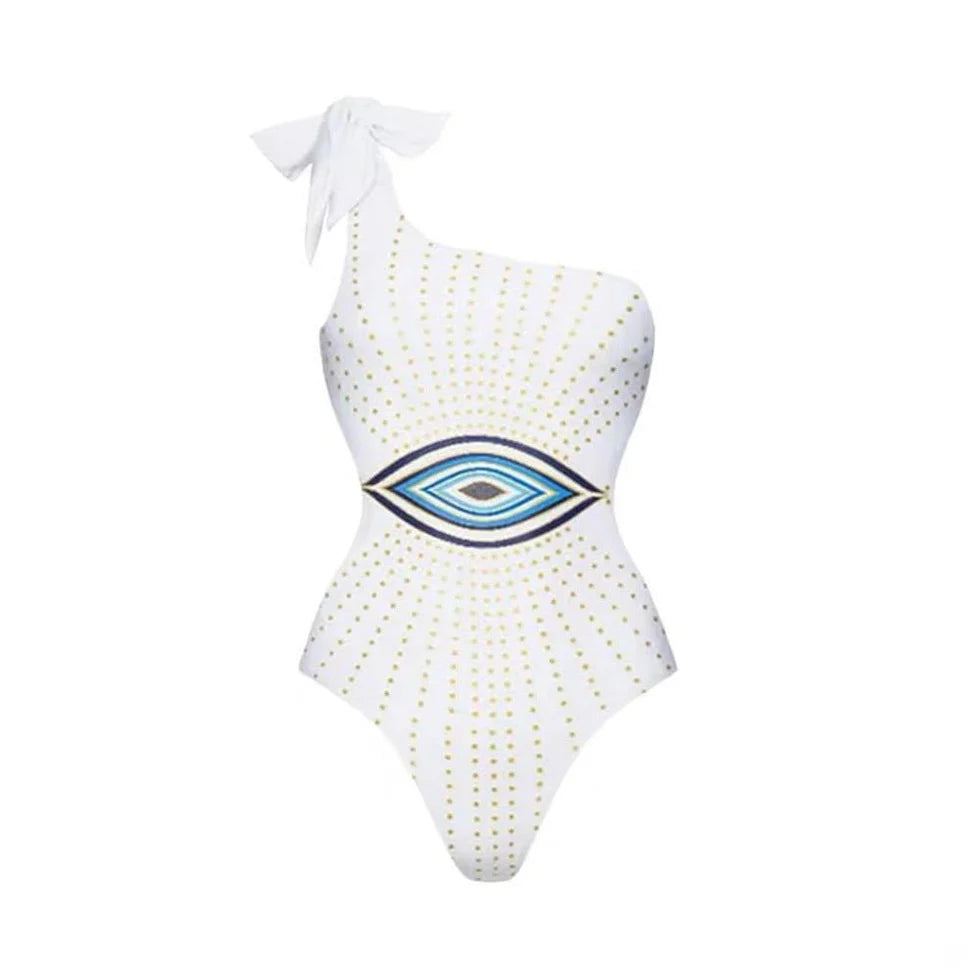 Evil Eye One Shoulder Monokini Swimwear with Flared Skirt By Kisksy