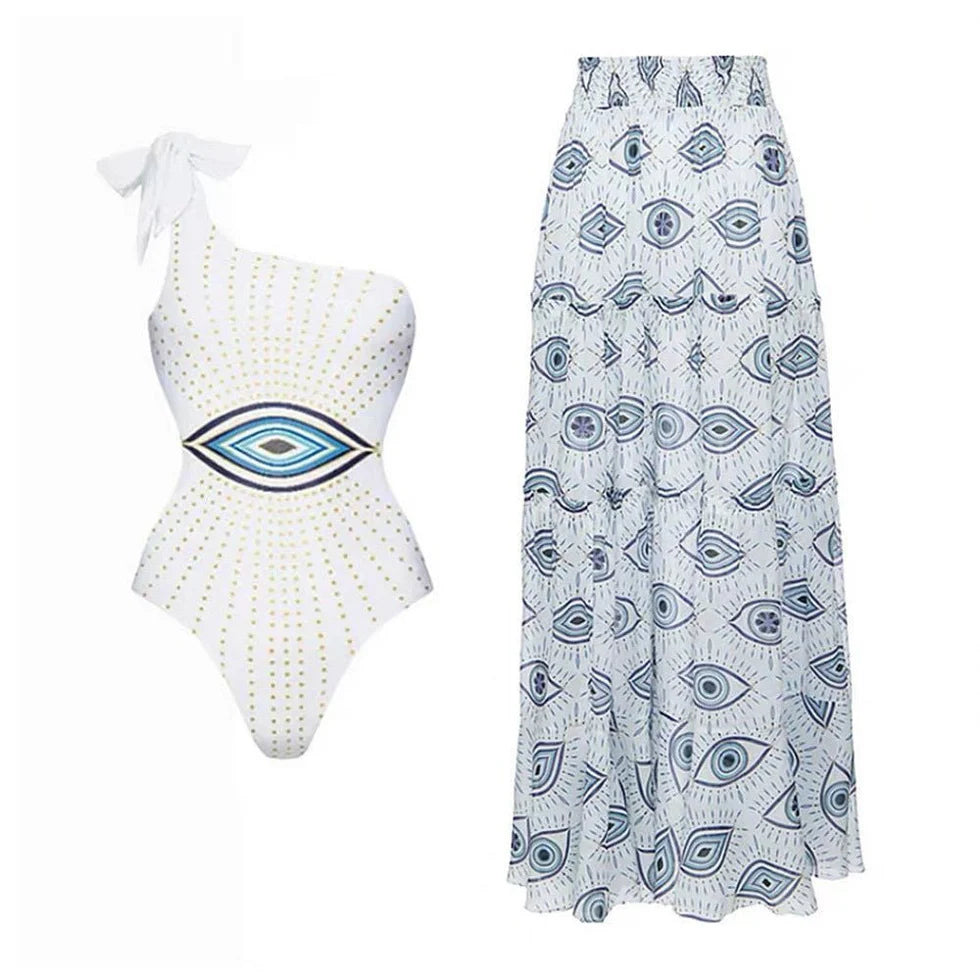 Evil Eye One Shoulder Monokini Swimwear with Flared Skirt By Kisksy
