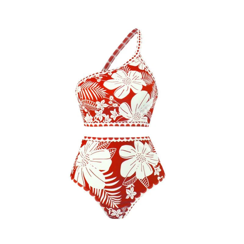 Floral One Shoulder High Waist Bikini Swimwear With Coverup Skirt By Kisksy