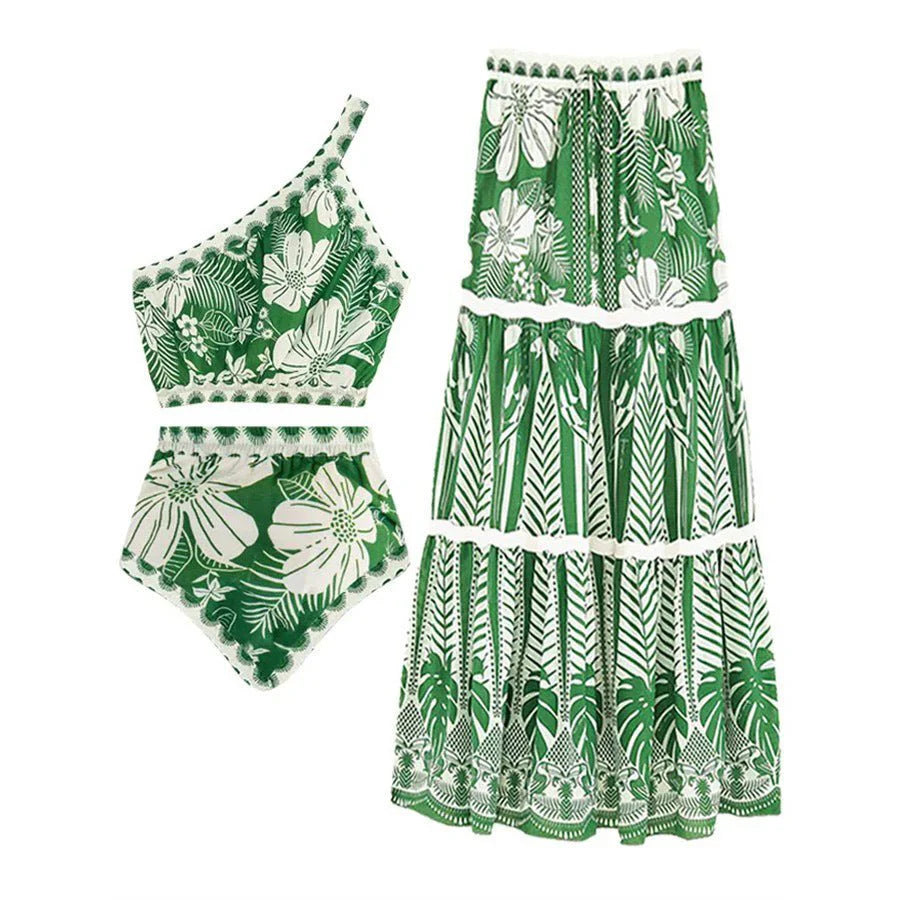 Floral One Shoulder High Waist Bikini Swimwear With Coverup Skirt By Kisksy