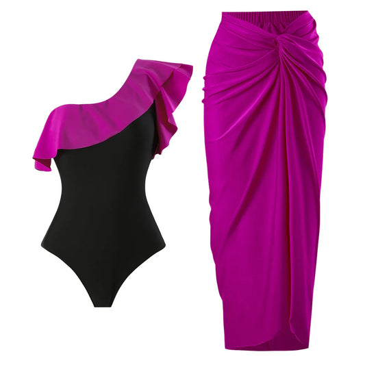 Monokini One Shoulder Black and Pink Swimsuit With Coverup Skirt By Sinderella