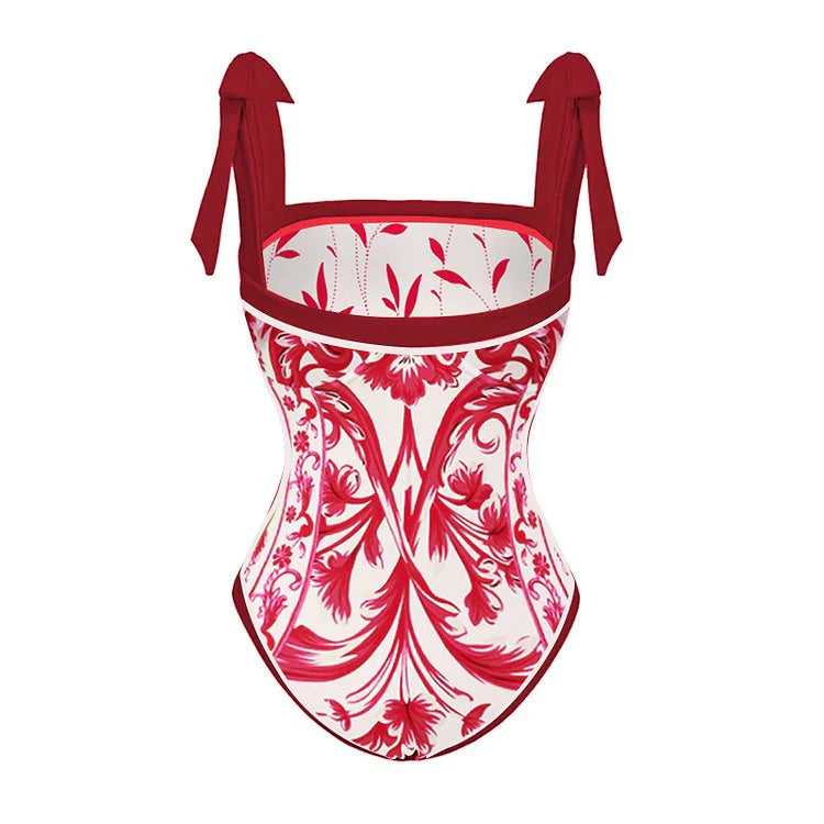 Reversible Red Pink One Piece Tie Up Swimsuit With Pants By Kisksy