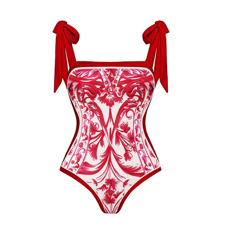 Reversible Red Pink One Piece Tie Up Swimsuit With Pants By Kisksy