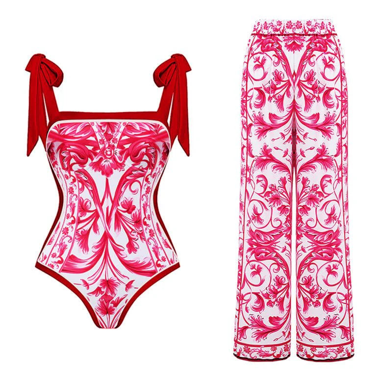 Reversible Red Pink One Piece Tie Up Swimsuit With Pants By Kisksy